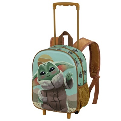 Mochila infantil de carrinho com estampa do Baby Yoda em tons verdes e castanhos