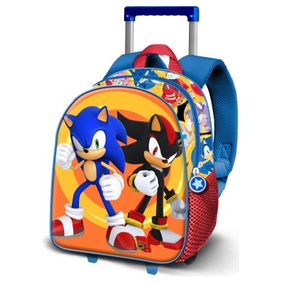 Mochila trolley infantil com estampa de Sonic e Shadow em fundo amarelo e laranja