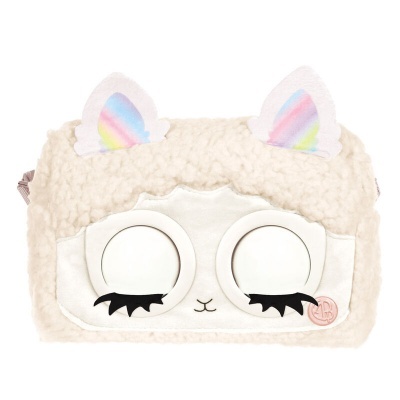 Estojo felpudo branco com rosto de animal e orelhas coloridas