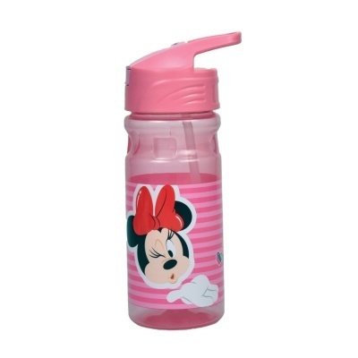 Garrafa de plástico rosa com tampa desportiva e imagem da Minnie Mouse.