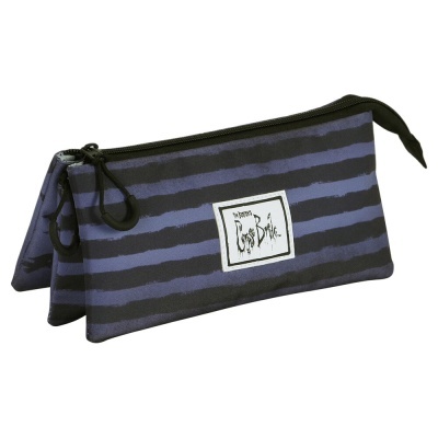 Estojo escolar riscas azuis e pretas com texto decorativo frontal