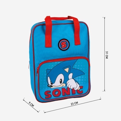 Mochila azul e vermelha com estampado do Sonic e texto SONIC