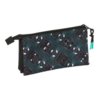 Estojo escolar preto com padrão geométrico azul e branco e fecho de correr.