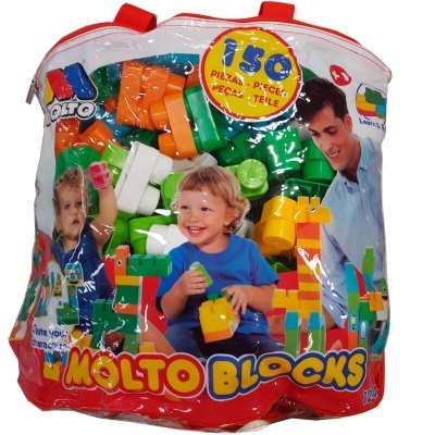 Bolsa transparente com blocos coloridos Molto Blocks e crianças a brincar