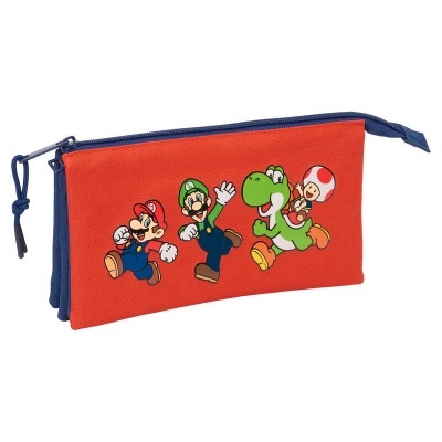 Estojo escolar vermelho com fecho azul e personagens Mario, Luigi, Yoshi e Toad estampados