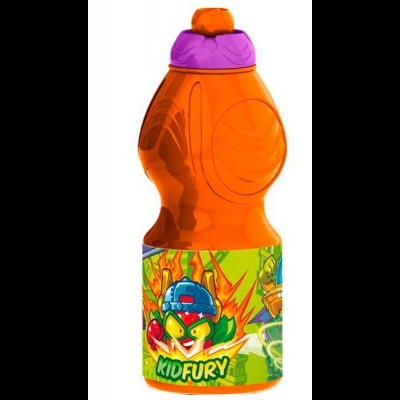 Garrafa plástica laranja com tampa roxa e rótulo colorido de monstro animado Kidfury