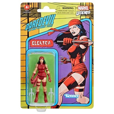 Figura de ação Elektra da Marvel Legends em embalagem blister com ilustração colorida