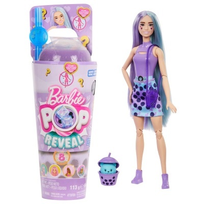 Brinquedo Barbie Pop Reveal com boneca e acessório em embalagem cilíndrica lilás