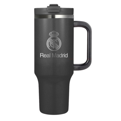 Caneca térmica cinza escuro com logótipo e texto Real Madrid