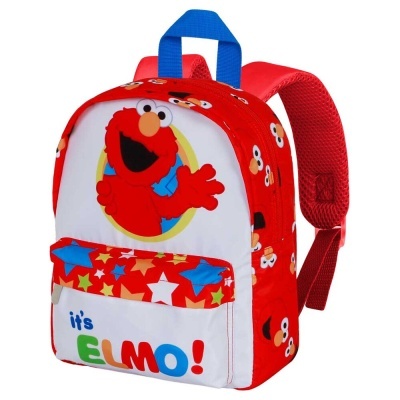 Mochila infantil com tema Elmo em vermelho, branco e padrão de estrelas coloridas