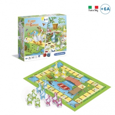 Jogo de tabuleiro infantil com tema de gansos e glória, peças coloridas e tabuleiro ilustrado.