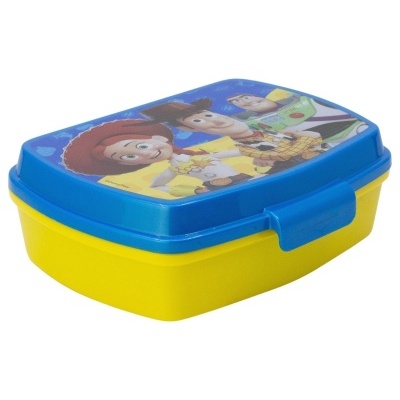 Estojo de plástico amarelo com tampa azul decorada com personagens Toy Story