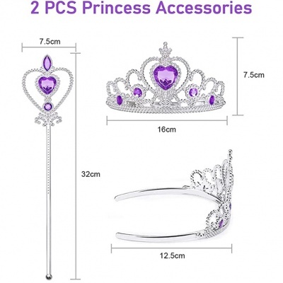 Dois acessórios de princesa prateados com pedras roxas e medidas indicadas.