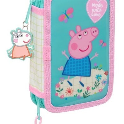 Estojo escolar Peppa Pig verde água e rosa com personagem e pendente Suzy Sheep