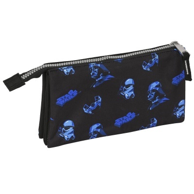 Estojo escolar preto com personagens e texto Star Wars azul