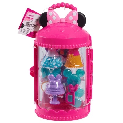 Estojo rosa com orelhas e laço da Minnie Mouse e acessórios de brinquedo no interior