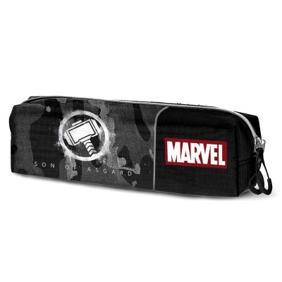 Estojo escolar preto com símbolo de martelo e logo MARVEL