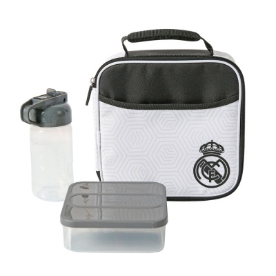 Conjunto para alimentos com bolsa, garrafa e recipiente plástico, bolsa com símbolo Real Madrid
