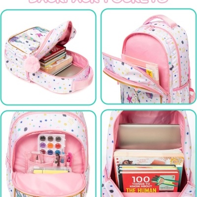 Mochila infantil com padrão de estrelas e unicórnios, com vários bolsos e compartimentos rosa