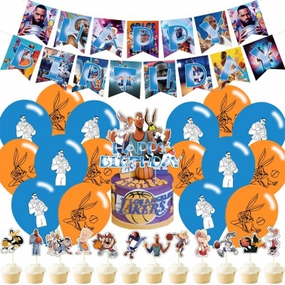 Decoração de aniversário azul e laranja com tema Looney Tunes e basquetebol