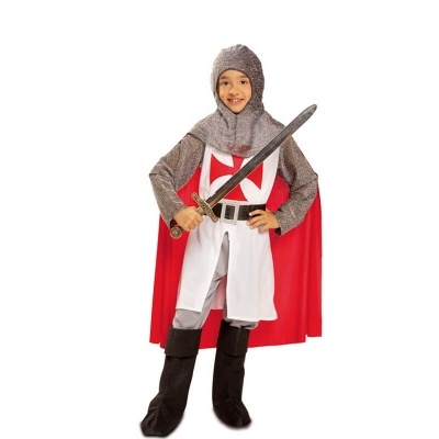 Criança com fato de cavaleiro medieval com túnica branca e capa vermelha e espada