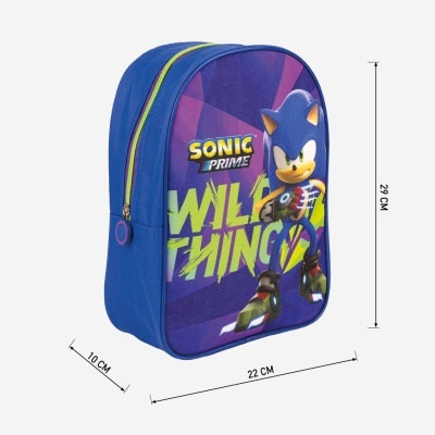 Mochila azul com imagem do Sonic Prime e texto 'WILD THINGS'.