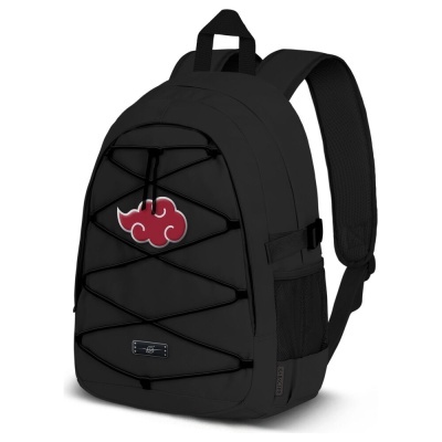 Mochila preta com símbolo vermelho e cordas elásticas