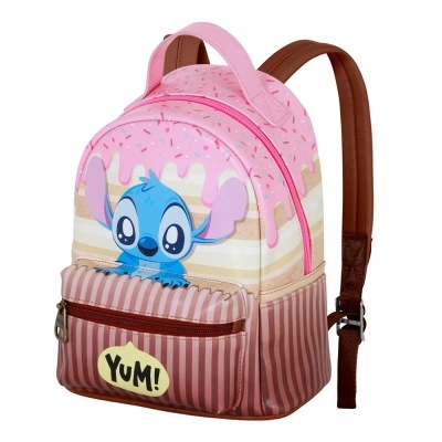 mochila infantil rosa com personagem Stitch e texto YUM