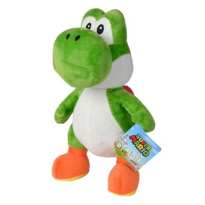 Pelúcia Yoshi do jogo Super Mario em verde, branco e laranja com etiqueta