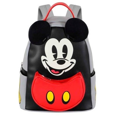 Mochila infantil do Mickey Mouse com bolsos vermelhos e orelhas 3D pretas