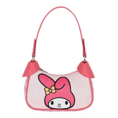 Bolsa de mão rosa com personagem My Melody desenhado na frente
