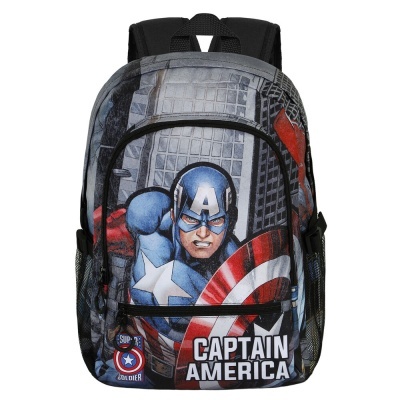 Mochila com imagem do Capitão América e texto