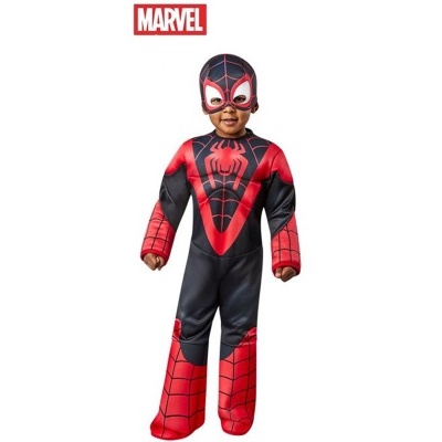 Fato infantil de Spider-Man em preto e vermelho com padrão de teia e máscara