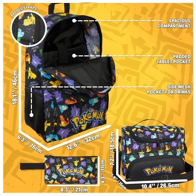 Conjunto de mochilas e estojo escolar com padrão Pokémon e texto Pokémom