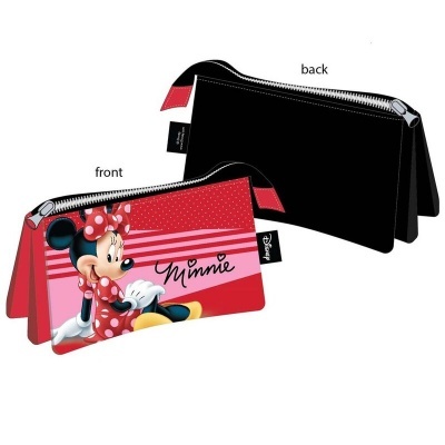 Estojo escolar triangular vermelho e preto com estampa da Minnie e fecho zipper