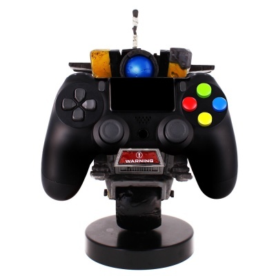 Comando de videojogo preto com botões coloridos em suporte decorativo robótico