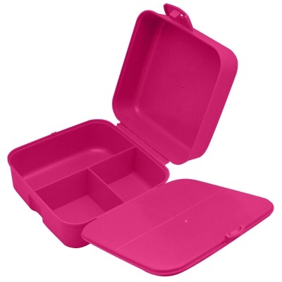 Marmita de plástico rosa com três compartimentos e tampa aberta