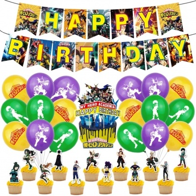 Decoração de festa de aniversário tema My Hero Academia com balões coloridos, topo de bolo e bandeirolas coloridas