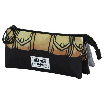 Estojo escolar preto e castanho com estampa de armadura e texto BATMAN
