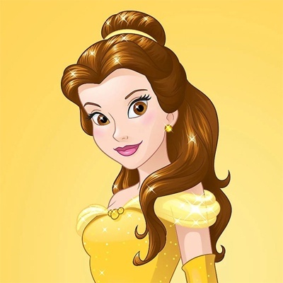 Desenho de personagem feminina com vestido amarelo e cabelo castanho ondulado