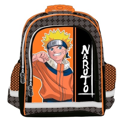 Mochila preta e laranja com imagem e texto Naruto