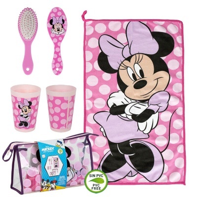 Conjunto infantil higiene pessoal rosa com Minnie Mouse e padrão de bolinhas brancas