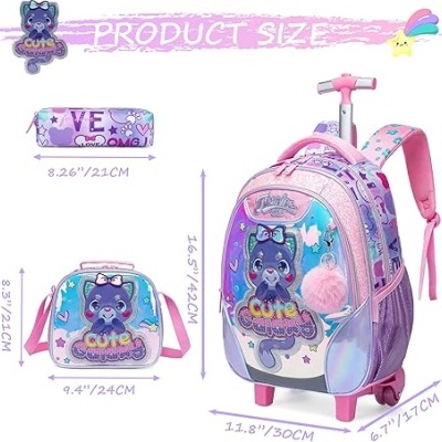 Mochila de rodas e acessórios com design de gato fofo em cores rosa, lilás e azul