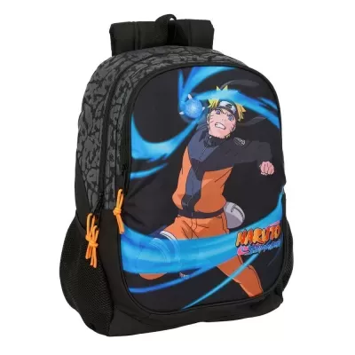 Mochila preta com imagem do Naruto Shippuden e puxadores laranja