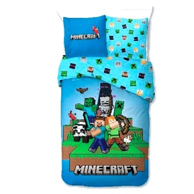 Conjunto de roupa de cama infantil Minecraft azul com personagens e texto