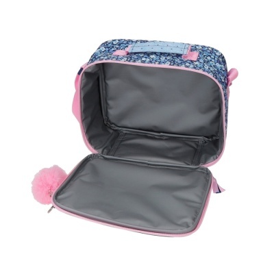 Mala de armazenamento floral azul e rosa com interior cinzento aberta