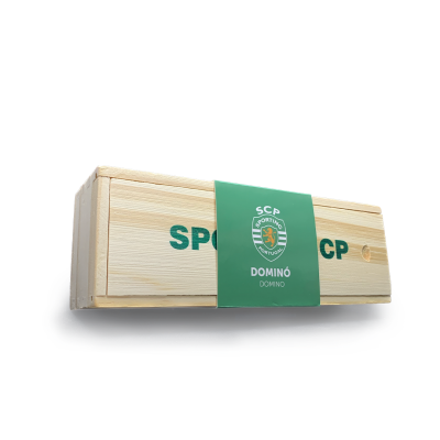 Conjunto de dominó em caixa de madeira com faixa verde e texto SCP