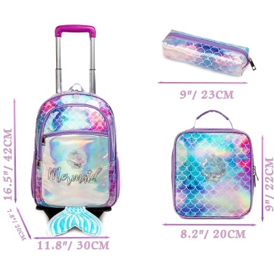 Conjunto com mochila de rodinhas, estojo e mochila quadrada coloridos com padrão de escamas holográfico