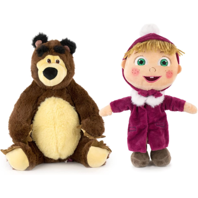 Dois bonecos de pelúcia, urso castanho e boneco com roupa roxa e gorro