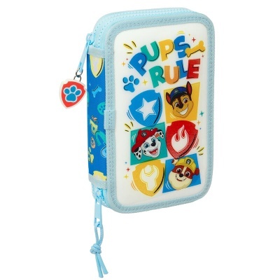 Estojo azul claro com fecho, estampado fronta com personagens Paw Patrol e texto PUPS RULE.